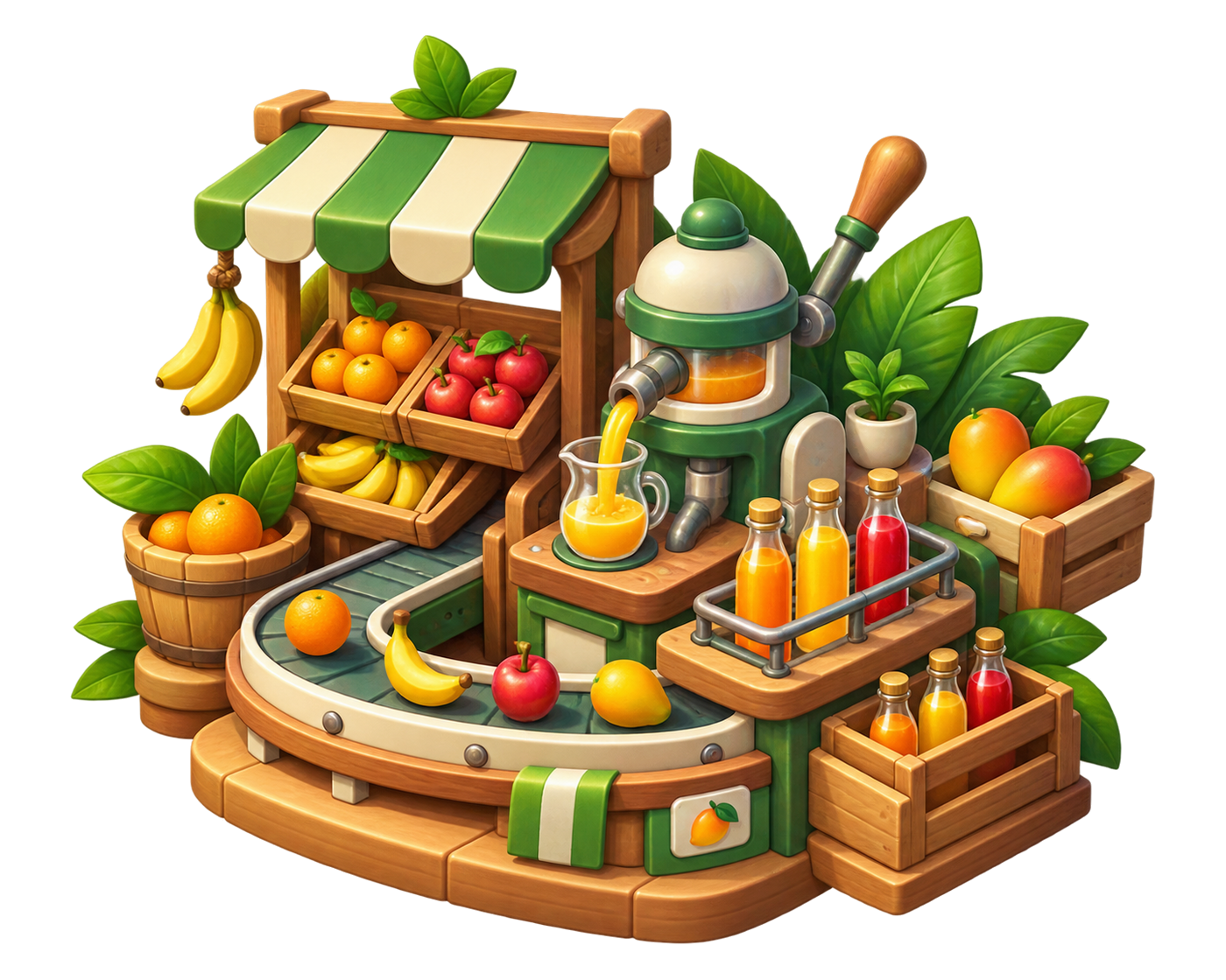 JuiceTrack Master: a colorful fruit stall, juice machine and conveyor belt